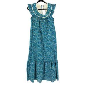 Vintage McInerny Hawaii Maxi Dress Apx Size Small Blue Floral Prairie Ruffles